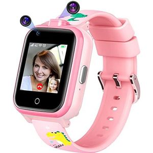 Mingfuxin Waterdichte smartwatch voor kinderen met dubbele camera, GPS-tracker voor kinderen met wifi en SOS-videogesprekken, stappenteller voor meisjes en jongens van 3 tot 14 jaar (roze)