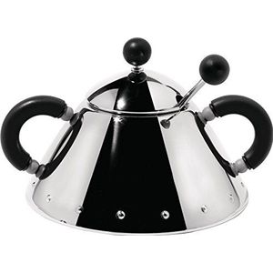 Alessi 9097 B Suikerpot met kleine lepel van glanzend roestvrij staal 18/10, handgrepen en knop van Pa, zwart