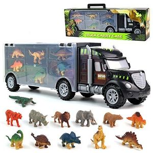 Dinosaurus Speelgoed Vrachtwagen Transport Carrier Truck Speelgoed met Dinosaurus Speelgoed Dieren Speelgoed 12 Stks Dubbele Binnenopbergset voor Kinderen Jongens Meisjes 3 Jaar Oud