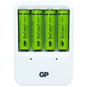 GP Recyko oplader voor oplaadbare AA en AAA batterijen, incl. 4 oplaadbare 2000mAh NiMH AA batterijen en een AC-oplader voor aansluiting op het stopcontact