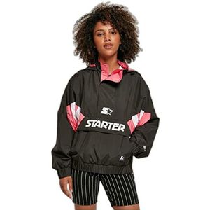 STARTER BLACK LABEL Dames windjack met logo print, achterzak, jas met halve ritssluiting en capuchon met koorden, zwart, XS-XL, zwart/roze grapefruit