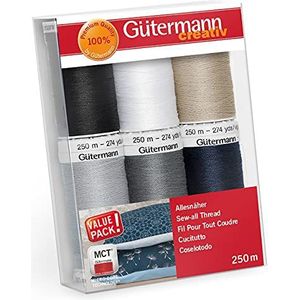 Gutermann Creativ naaigaren: set van 6 spoelen van 250 m, 100% polyester, hand- en machinaal naaien, universeel, basiskleuren