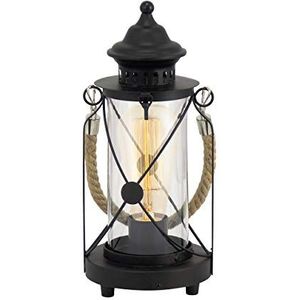 EGLO tafellamp BRADFORD, 1 lichtbron vintage tafellamp, lantaarn, bedlampje van staal, kleur: zwart, glas: helder, fitting: E27, incl. schakelaar