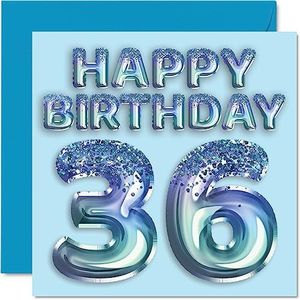 Verjaardagskaart 36e verjaardag heren - feestbal blauw glitter - verjaardagskaarten voor mannen van 36 jaar, broer, vriend, oom papa, 145 mm x 145 mm, wenskaarten voor zesendertig