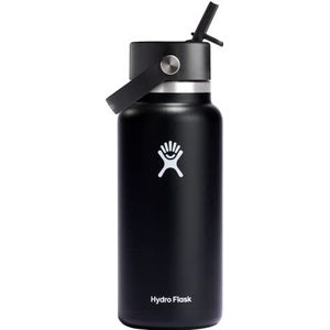 HYDRO FLASK - 946 ml waterfles - Geïsoleerde roestvrijstalen waterfles met flexibele rietdop - BPA-vrij - Brede opening - Zwart
