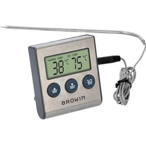 Browin 185609 Voedselthermometer met roestvrijstalen sonde, vleesthermometer, staal, 1,5 m, 0 tot 250 °C, timer, alarm, elektronische weergave, vleesthermometer