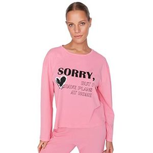 Trendyol Dames pyjama set effen gebreid T-shirt en broek, roze, M, Roze