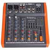 Ibiza - MX401 - Complete semi-professionele 4-kanaals mixer (5-bands equalizer) met microfooningangen en lijnen en REC, RCA, hoofdtelefoon en AUX uitgangen - USB - Zwart en oranje