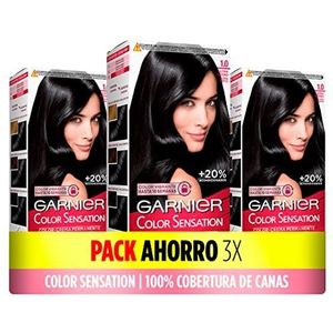 Garnier Color Sensation Set van 3 blikjes heldere en duurzame kleur, volledige dekking van wit haar, eenvoudig aan te brengen met schaal en kwast, zijdezacht haar, 1,0 ultra zwart