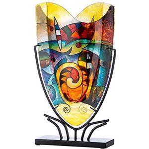 GILDE GLAS art Decoratieve vaas op zwarte metalen standaard - handbeschilderd kunstobject - kleurrijk hoogte 48 cm