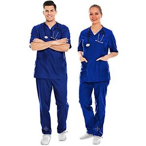 AIESI® Medisch uniform voor heren en dames, van katoen, 100% voorgekrompen, broek en top met V-hals, maat XXL, koningsblauw, Blauw
