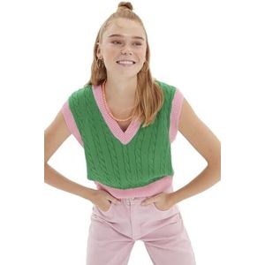 Trendyol V-Coupe Multicolor Regular Gebreid Vest Sweater Dames Groen L, Groen