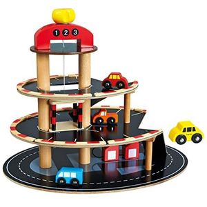 Bino houten loop, speelgoed voor kinderen vanaf 3 jaar (3 etages, lift en 4 auto's, motoriekspeelgoed met tankstation, van robuust en massief hout), meerkleurig