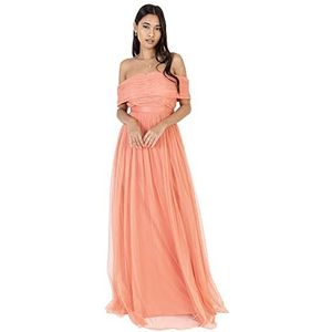 Anaya with Love Bardot Maxi-jurk voor dames, schoudervrij en riem, voor bruiloft, gast, bal, avond, bruidsmeisjesjurk (1 stuk), Koraal roze