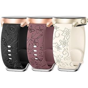 AMSKY Set van 3 armbanden met bloemengravure, compatibel met Samsung Galaxy Watch 6/5/4 40 mm 44 mm, Watch 6/4 Classic 43 mm 47 mm 42 mm 46 mm, Watch 5 Pro 45 mm, Watch 3 41 mm, 20 mm, siliconen,