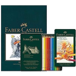 Faber-Castell Schetsblok A4 en doos met 12 polychromos kunstenaars kleurpotloden, kunstset voor kleurboeken voor volwassenen, knutselbenodigdheden, tekeningen, schetsen, duurzame potloden