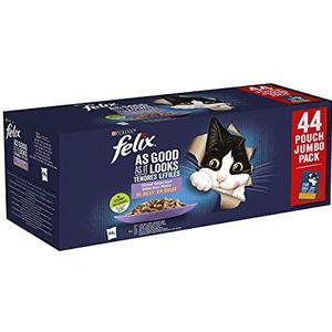 Felix Every Day Party Mix natte voeding voor katten, rundvlees, kip, zalm en tonijn, 44 x 85 g (44 maaltijden; 3,7 kg)