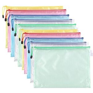 Documententas met ritssluiting, A4, vak met ritssluiting, 5 kleuren, PVC, transparant, document, map, vak met ritssluiting, netvak voor reizen, kantoor, reizen, benodigdheden (10 stuks)