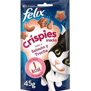 Purina Felix Party Mix Crispies snacks, lekkernijen en lekkernijen voor katten, zalm en trucha, 8 x 45 g