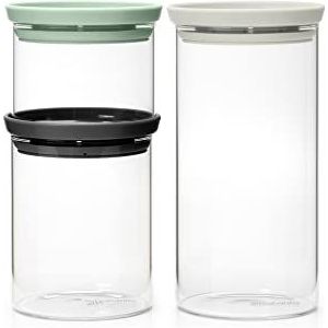 Brabantia - Stapelbare glazen voorraadpotten met deksel - Set van 3 - Opslag in de keuken - Ruimtebesparend - Houdt de versheid - Donkergrijs/Licht Grijs/Jade Green - 0,3L/0,6L/1,1L
