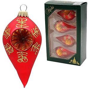 Dekohelden24 Set van 4 kerstboomversieringen satijn rood met gouden glitter lengte ca. 10 cm met gouden kroon