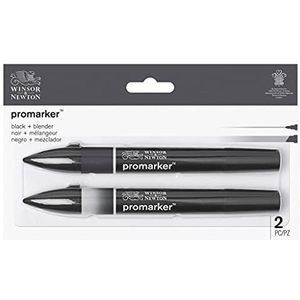 Winsor & Newton ProMarker 0290148 professionele markeerstiften, 2 stuks, fijne brede punt voor tekeningen, design en lay-out, zwart en wieldop
