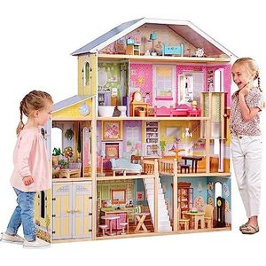 KidKraft Majestic Mansion 65252 houten poppenhuis voor 30 cm poppen met 34 meegeleverde accessoires en 4 speelverdiepingen