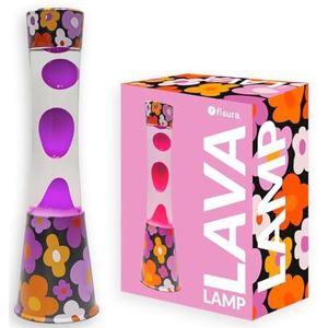 Fisura Lavalamp, basis bedrukt met bloemen, transparante vloeistof en paarse lava, ontspannend effect, met reservelampje, 11 x 11 x 39,5 cm