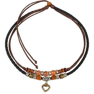 Vintage tribal stijl choker ketting gemaakt van hennep en zwart leer, leer, kralen, Leer, Parels