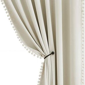 Set van 2 verduisteringsgordijnen met kwastjes voor slaapkamerramen, 213,4 cm, energiezuinig, warmte-isolatie, woonkamer, keuken, kinderkamer, ivoor, 132,1 cm breed x 132,1 cm breed