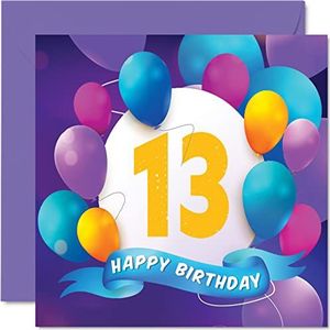 Verjaardagskaart voor jongens en meisjes, ballonnen party, verjaardagskaarten voor de 13e verjaardag voor tieners, jongens, meisjes, broer, zus, zoon, dochter, kleinkind, 145 mm x 145 mm