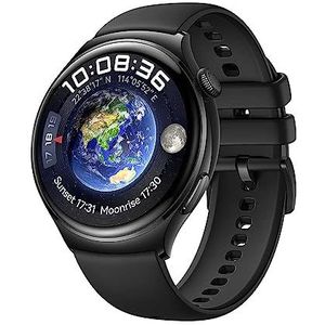 HUAWEI Horloge 4 met 3D gebogen glazen behuizing en roestvrijstalen behuizing, 1,5 inch LTPO-AMOLED-kleurendisplay, zwarte fluorelastomeerband, eSIM-telefoon, compatibel met Android en iOS,