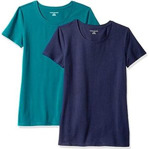 Amazon Essentials Set van 2 T-shirts voor dames met korte mouwen en ronde hals, klassieke pasvorm, donkergroen/marineblauw, maat XL