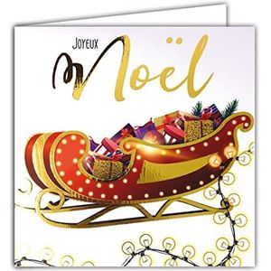 Afie 23006 Vierkante kaart, Vrolijk kerstfeest, slee in goud, glanzend, cadeaus, lichtsnoer, feest, eind van het jaar, met witte envelop