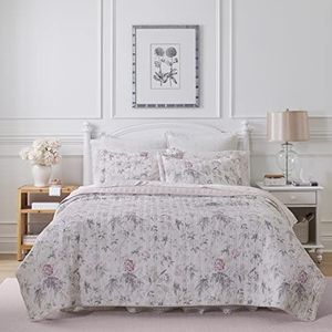 Laura Ashley Home Breezy Bloemencollectie - 100% katoenen beddengoed, omkeerbaar, licht en ademend, voorgewassen voor zachtheid, tweepersoonsbed, roze/grijs