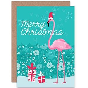 Kerstwenskaart met tropische flamingo en lege envelop binnenin