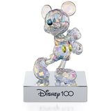 Swarovski Disney 100 Mickey Mouse-figuur, Aurora Borealis kristal met blauwe en gele accenten, verchroomd metaal en zwarte fluwelen basis, uit de Disney100 collectie