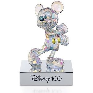 Swarovski Disney 100 Mickey Mouse figuur, kristal aurora borealis met blauwe en gele accenten, verchroomd metaal en zwarte fluwelen basis, uit de Disney100 collectie