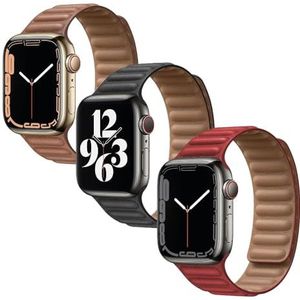 Friendly License - 3 stuks compatibel met Apple Watch 42 - 44 - 45 mm - kleuren bruin, zwart en rood - PU-leer en magneetsluiting - vervanging voor smartwatch