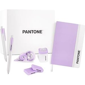 PANTONE™ Pastel Gift Box – set voor schrijfwaren en schoolbenodigdheden met witte correctie, 10 m, gelpen, zwart, 0,7 mm, 4 stuks, puntenslijper met reservoir, notitieboek en 2 gummen