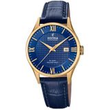 Festina Herenhorloge F20010/3 Swiss Made roestvrijstalen behuizing goud blauw blauw blauw goud lederen band groot armband, Blauw/Goud, Armband