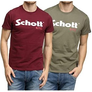 Schott NYC Set van 2 T-shirts voor heren, Veelkleurig (kaki/bordeaux)