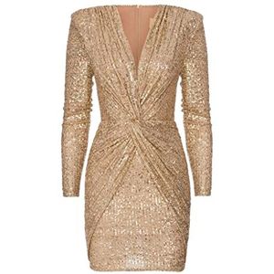 Swing Fashion Mini-jurk voor dames, elegante jurk, feestjurk, avondjurk, trouwjurk, korte jurk, paillettenjurk, V-hals, lange mouwen, goud, 36 (S), goud, S, Goud