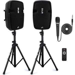 Pyle Luidsprekerset met 2 voeten, actieve en passieve luidsprekers, krachtige bluetooth-luidspreker, luidsprekerhouder, bekabelde microfoon, MP3/USB/SD/AUX-spelers, afstandsbediening