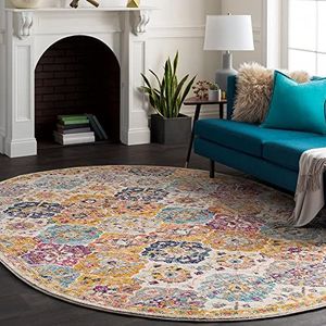 Surya Sicilië Vintage tapijt voor woonkamer, slaapkamer, keuken - Traditioneel oosters bohemien tapijt, onderhoudsvriendelijk - Groot rond tapijt 160 x 160 cm, mosterd, gebrand oranje, bordeaux en