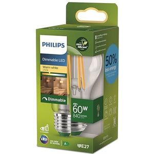 Philips Ultra Efficient LED lamp Transparant - 60 W - E27 - Dimbaar warmwit licht - Energielabel A