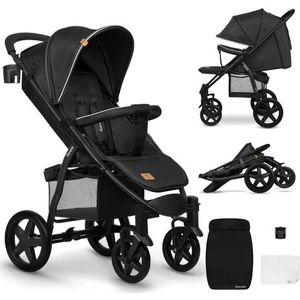 Lionelo Annet Kinderwagen met kantelfunctie, kleine opvouwbare wielen van EVA-schuim voor kinderwagen, voetenzak, drankmand (zwart, standaard)