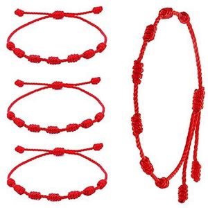 Voarge Set van 4 rode draad armbanden met 7 knopen, verstelbare rode armbanddraad, handgemaakte armband, voor vrouwen en mannen vriendschap, katoenen touw, Katoen