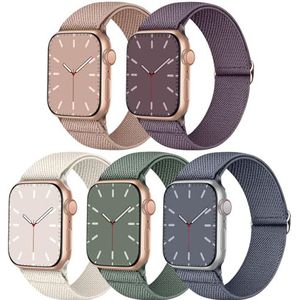 5 stuks elastische bandjes compatibel met Apple Watch 41 mm, 40 mm, 38 mm, 45 mm, 44 mm, 42 mm, nylon gevlochten bandjes voor Apple Watch 9/SE/8/7/6/5/4/3/2/1, 38 mm/40 mm/41 mm, metaal
