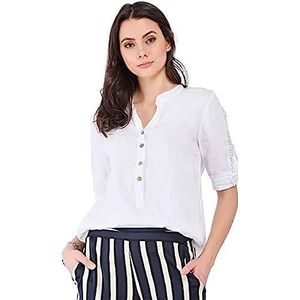 Bonateks, Tunesische kraag button-down blouse met kanten inzetstuk en lange mouwen clip-on 100% linnen, maat 42, Amerikaanse maat: XL, top, wit, gemaakt in Italië, wit, 44, Wit